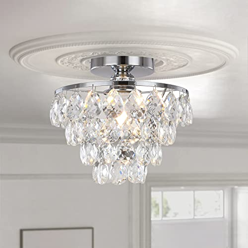 ZenithBeam Mini-Kristall Deckenleuchte, Kleiner moderner Kristall Deckenlampe für Flur,Unterputz-Kristall Deckenleuchte Kronleuchter für Schlafzimmer,Flur,Wohnzimmer (Silber)