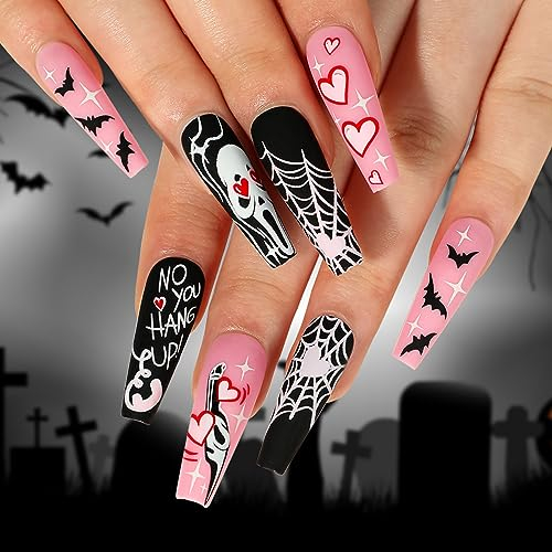 Yatinkim 24stück Halloween Press on Nägel Lang Sarg Falsche Nägel Schwarzer Rosa Acryl Aufkleben Nägel für Frauen Totenkopf Spinnennetz Matte Maniküre Cosplay