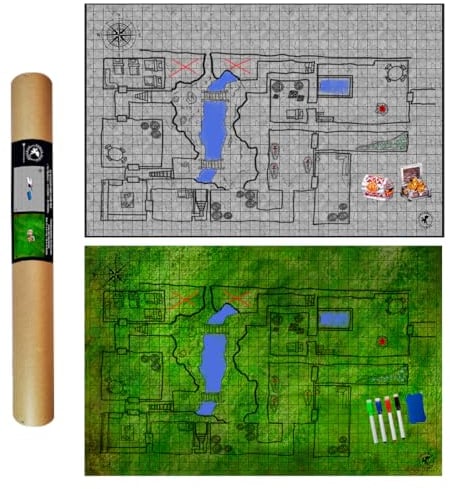 POWER BEAST Dungeon 2X Grid Game Mat + 4 Marker und Radiergummi + 2 Schatztruhen, Role Playing Game Board, Brettspiele Accesorie, D&D, Kriegsspiele, Pathfinder, Dungeons and Dragons, DND, RPG.