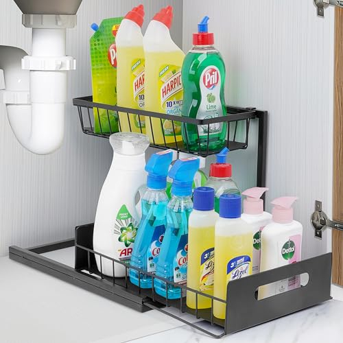 Winter Shore Organizador Bajo Fregadero de 2 Niveles Negro - Organizador Cocina y Baño Multiusos de Metal con Bandeja Extraíble Inferior Deslizante - Robusta Estructura de Acero al Carbono