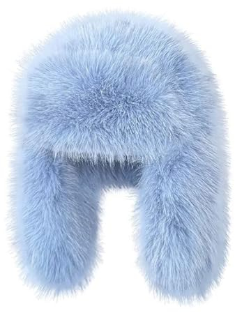 Tainrunse Verdickte Plüschmütze für Damen, Winterimitat, Nerz, Lei, Feng-Mütze, verdickt, warm, kältebeständig, Ohrenklappen-Hut, blau, XXS