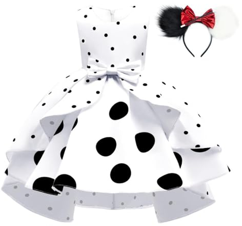 Lito Angels Schwarz Weiß Polka Dot Kleid für Mädchen Kinder, 101 Dalmatiner Kostüm Verkleidung mit Maus Ohren Haarreifen, Größe 3-4 Jahre 104 (Tag-Nummer 110)