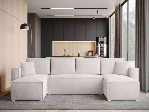 BROMARKT Ecksofa mit Schlaffunktion Sofa Cord Eckcouch mit Bettkasten Wohnzimmer Möbel U Form Couch gästebett Sofa Kissen groß 305x145x74 cm Cremeweiß