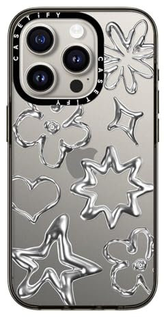 CASETiFY Kompakte Schutzhülle für iPhone 15 Pro [Schlank/Schutz vor Stürzen aus 1,2 m Höhe/Kabelloses Laden] - Chrome Doodles - Transparent Schwarz