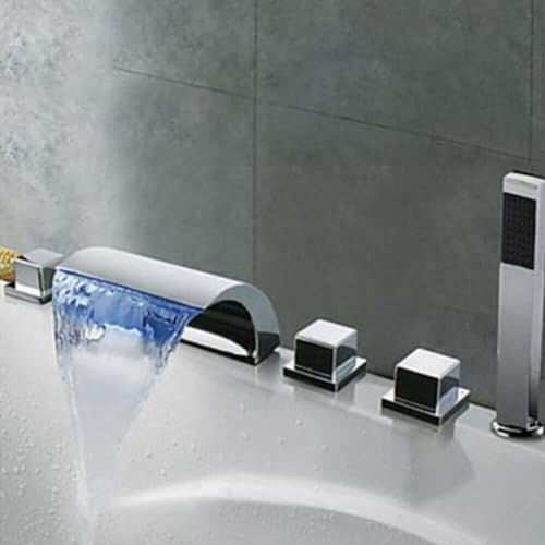 Badewannenarmatur Wannenrand 5-Loch LED Wasserfall Armatur für Badewannen, Badewanne Wasserhahn Wannenrandarmatur, Badewannenarmatur Zeitgenössische mit Handbrause, Silber