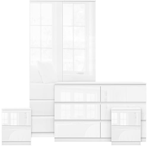 Bedroom Furniture Set with 3 Door Wardrobe 6 Drawer Chest of Drawer + 2 Drawer 2 Bedside Table Cabinet Bedroom Set for 4 Piece Bedroom Storage furniture Set, White