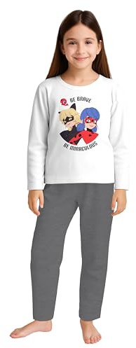United Labels Miraculous Schlafanzug für Mädchen - Ladybug Kinder Pyjama Set Langarm Oberteil mit Hose Weiß/Grau