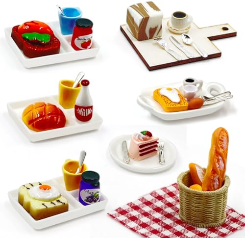 Kit Nourriture Miniature Boisson pour Poupée, FUKPO Accessoires de Cuisine Ecole Jardin Petits Objets 1/12 Alimentaire Decoration, Accessoire Maison de Poupee Vaisselle Mini Gâteau Pain Oeuf Café