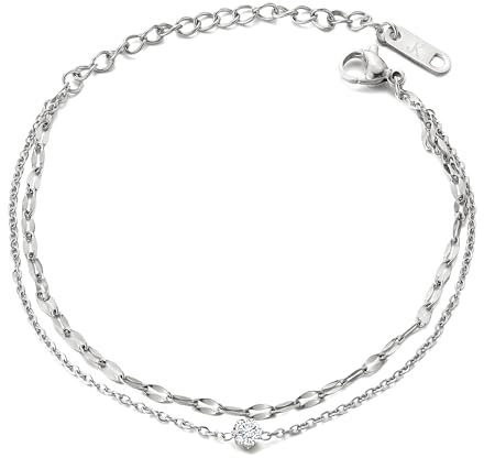 KIM JOHANSON® Edelstahl Damen Armband *Giulia* in Silber, Gold & Roségold | Multi Layer Armkette mit einem Zirkonia | Wasserfest | Boho Schmuck für Frauen | Verstellbare Länge | Inkl. Schmuckbeutel