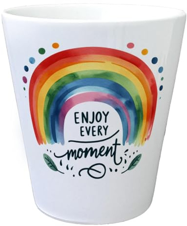 Regenbogen Blumentopf mit Spruch Enjoy Every Moment Motivation Regenbogenfarben Bunt in Rot Orange Gelb und Grün - für jeden Raum