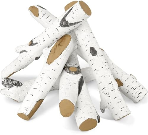 Ceramic Gas Fireplace Logs White Birch Intdoor Propane Inserts Outdoor Fire Pits Fiber Fake Wood Logs Heat Resistant Realistic Fireplace Decor Artificial Decorative Firewood Pack of 6