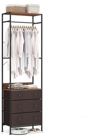COSTWAY Appendiabiti con Cassetti in Tessuto, Armadio Autoportante con Asta Appendiabiti a 3 Posizioni e Ripiani di Stoccaggio, Ideale per Ingresso Camera da Letto, 55x28x176 cm (Marrone)