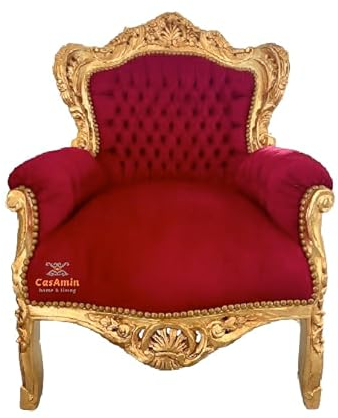 CasAmin Home & Living Roter Sessel Französischer Sofasessel im Louis XV-Barock-Rokoko-Stil, in Bordeaux-Samt und Gold-Finish für die Inneneinrichtung