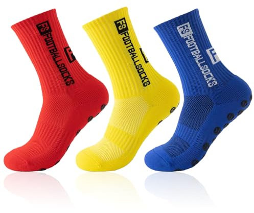 3 Paare Fußballsocken für Anti Rutsch Grip Fußball Socken für Herren Damen Sportsocken Fußball Absorbiert Schweiß 39-46 Atmungsaktiv Laufsocken Kompression Elastische Socken(rot+gelb+blau)