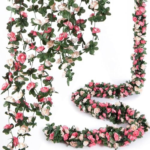 LWuuywa 8 Stück Künstliche Rosen Girlande, 2,45 M Blumengirlande Hangend Vine Seidenblumen Rosengirlande für Hochzeitsbogen Party Garten Mauer Dekor (Frühlingsrosa-8pcs)