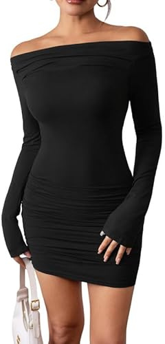 HaibangVestito Donna Elegante Maniche Lunghe Sexy Mini Abito da Sera Vestito Corto con Spalle Scoperte Casual Tubino Bodycon Dress Aderente Vestiti de Discoteca Cerimonia Cocktail Party Ballo Festa