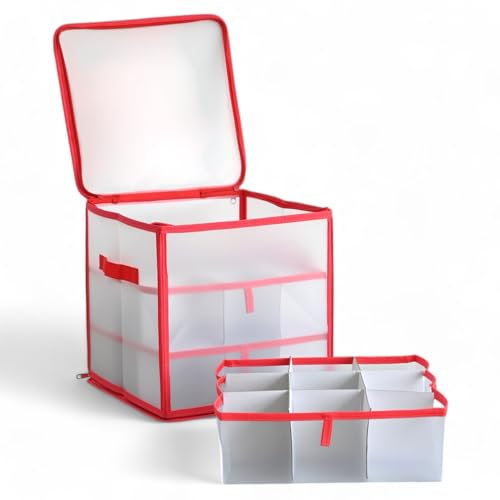 MIJOMA Aufbewahrungsbox Sortierbox Weihnachtstasche für Christbaumkugeln und Weihnachtsschmuck, zusammenklappbar, transparent (Rot, 31,5 x 31,5 x 31,5 cm für 27 Teile mit Einsätzen)