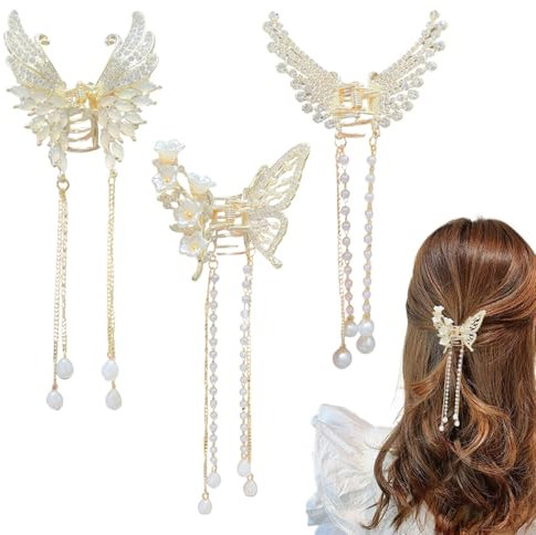 3er-Pack Schmetterling Haarklammer Gold Metall mit Fransen und Quasten - Elegante Perlen-Strass-Haarspange für Frauen und Mädchen