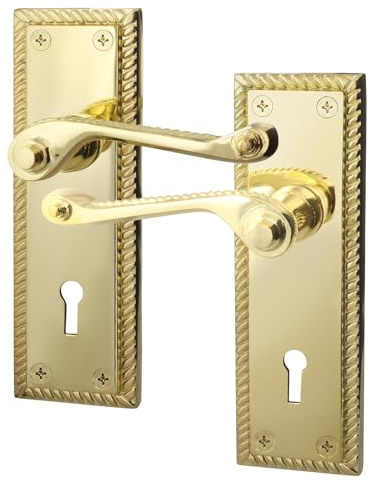 EAI Polished Brass Door Handles Sash Lock, 1 Pair - Rope Scroll