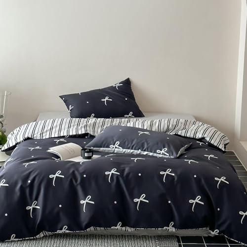 Lanqinglv Bettwäsche 135x200 Mädchen Schwarz Weiß Schleifen Kinder Bettwäsche aus Microfaser,ÖKO-TEX Bettwäsche Set - Wende Bettbezug mit Reißverschluss und 1 Kissenbezug 80x80 cm