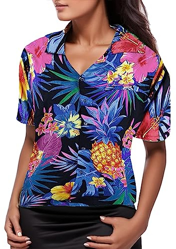 Women's Funny Cruise Hawaiian Shirts Tropical Caribbean Summer Beach Shirt Outfits Button Down Short Sleeve Leaf Floral Print Hawaiian Palm Tree Casual Party Clothes Leafy Print Golf