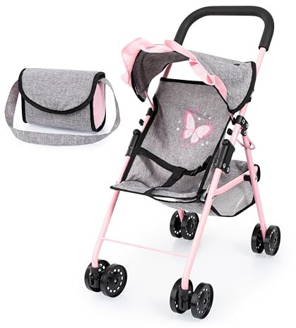 Bayer Design 21533AD Puppenbuggy mit Dach, integriertem Korb, Tasche, Doppelräder, faltbar, Jeans-grau, Rosa