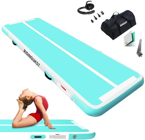 RISINGUKST Air Matte Track, 2m Aufblasbar Gymnastikmatte Turnmatte Tumbling Matten 10cm hoch mit Luftpumpe(grün-weiß, 200x100 x10cm)