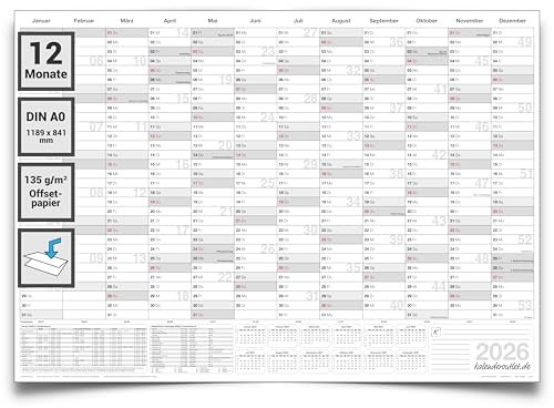 Kalenderoutlet 5 XXL DIN A0 Jahresplaner 2026, Kalender, Wandkalender 12 Monate grau 84 × 118 cm grosser Wandplaner 2026, Jahreskalender 135g Papier gefaltet in deutscher Sprache