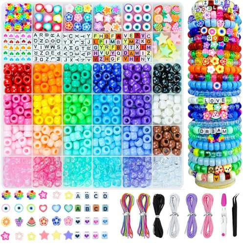 1000 Stück Pony Beads, Perlen für Armbänder 36 Farben, 6x9mm Großem Loch Perlen, bunter Faden Schere Pinzette, mit Bunt Alphabeten Fruchtperlen für Bastelset, Halskette, Schmuck, Kinder Geschenke