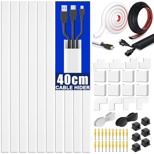 ENGYNC Kabelkanal Weiß Selbstklebend 4m(10x 40cm) PVC Kabelabdeckung für Wandmontierte TV Kabelkanäle für Wandleisten Wand Kabelmanagement Kit mit 2m Boden Kabelbrücke & 2m Kabelkanal Selbstklebend