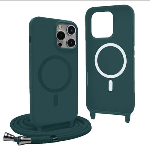 YFSYLL Handykette Hülle für iPhone 15 Pro Max mit Band,Magnetische Silikon Handyhülle Kompatibel mit MagSafe,Handyhülle für zum Umhängen Einstellbar und Abnehmbar - Grün