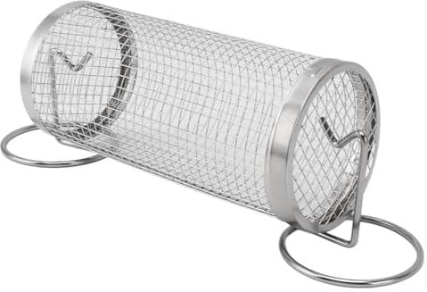 Stainless Steel BBQ Network Tube, 360-degree Rotation Network Hose Wire Network Cylinder Grill Basket with Fork Hook for Outdoor Grilling Camping (Stainless steel)
