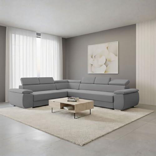FORNIRO 24 Dantino Ecksofa 318x255x79 Hellgrau Wohnzimmer Couch Schlafsofa | Mit Schlaffunktion & Bettkasten - L-Form - Kissen - Stoff Basic | ausziehbar Gäste bequem Stauraum Design hochwertig Eckcouch