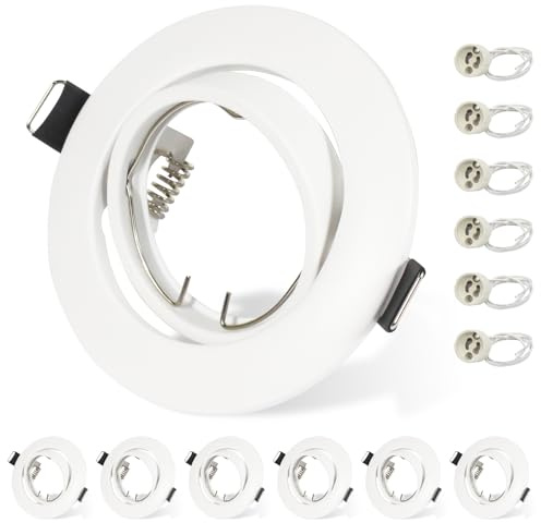 Allesgute 6er Einbaustrahler GU10 Rahmen, Einbaurahmen 68mm Weiß Rund, 360°Schwenkbar Einbauleuchten Rahmen, LED Spots 230V Inkl. GU10 Fassung, für LED oder Halogen Leuchtmittel