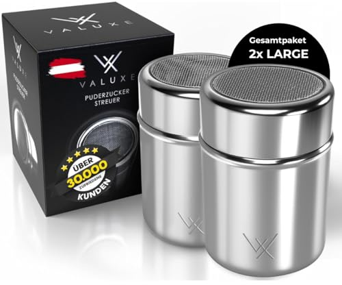 VALUXE® Puderzuckerstreuer Edelstahl 2er Set groß mit feinem Sieb & Deckel | Universal Pulver Streuer spülmaschinengeeignet für Puderzucker, Kakao, Zimt & Mehl - Zuckerstreuer, Mehlstreuer, Kakaostreuer