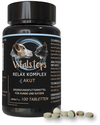 Vitalsteps Baldrian Komplex | L-Tryptophan, Magnesium | Hund/Katze | 50 g | Ca. 100 Tabletten | Mit Zitronenmelisse, Passionsblume & Kamille