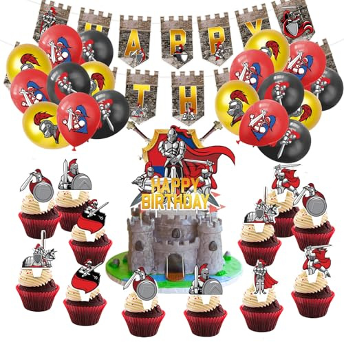 32 Stück Deko Mittelalterliche Ritter Geburtstag,Mittelalterliche Ritter Party Geko,Geburtstag Dekoration Set，Tortendeko,Banner