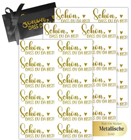 Tischkarten Metall Rub On Sticker Schön dass du da bist Sprüche | Personalisierte Tischdeko mit lustigen Sprüchen & Schriftzug für Party, Familienfeier, Willkommensdekoration Gold