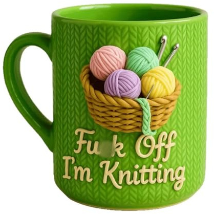 Fk Off I'm Knitting Mug, 11oz Funny Knitting Gifts, Sarcastic Ceramic Cup with Yarn Basket Design, Flat Designe Mug with Insulated Handle, Drinking Milk Tea Cup Gift for Knitters and Crochet Lovers