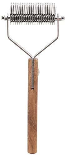 Pet Undercoat Rake, Double Row Dog Deshedding Brush for Cat Puppy Grooming, Knots Removal Hair Shedding Rake with Wood Handle for Long and Short Coat Pets