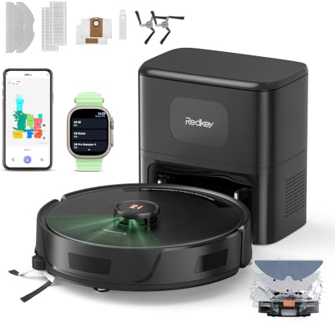 Redkey D8 Pro Saugroboter mit Wischfunktion, 38000Pa Saugroboter mit Absaugstation 4L, Anti-Haar-Verwicklung, LiDAR Navigation, 4-in-1 Saug und Wischroboter für Böden/Teppich/Tierhaare, APP Steuerung