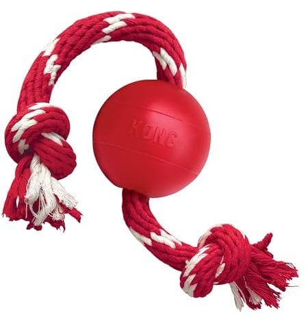 KONG Palla Con Corda - Giocattolo Da Recuperare Per Cani - Lancio Facile - In Gomma Naturale Resistente - Rosso - Per Cani Di Piccola Taglia