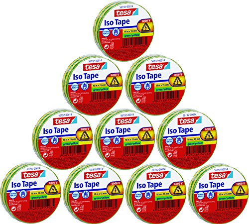 Tesa 56192 Iso Tape Isolierband für Elektrik 10 m x 15 mm, grün / gelb, 10er Vorteilspack