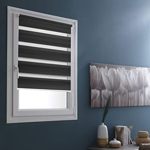 MADECOSTORE - Estor Doble, Enrollable, para día y Noche, 55 x 100 cm (Largo x Alto), fijación con o sin taladrar, Cadena a Juego, Gris