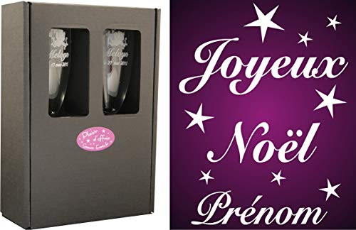 2 Flûtes à Champagne Gravées – Joyeux Noël + Prénom - Modèle Joyeux Noël Étoiles avec Coffret Cadeau - Cadeau de Noël personnalisé – Verre gravé – Coupe de Champagne personnalisée