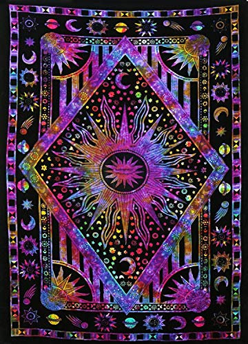 Popular Handicrafts Wandbehang Tapisserie für Schlafzimmer, Hippie, brennende Sonne und Mond, Meditation, Boho, Hippie, psychedelisches Design, indische Wandteppiche, Tagesdecke, 76 x 101 cm, Blau