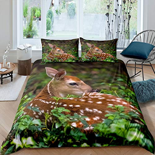 3D-Druck Deer Bettwäsche-Set Schöne Rehkitz Bettbezug in Gras Tröster Bezug für Kinder Jungen Mädchen Wald Tier Bambi natürliche Bettbezug Bett Dekor mit 1 Kissenbezug 135x200 Brown Green