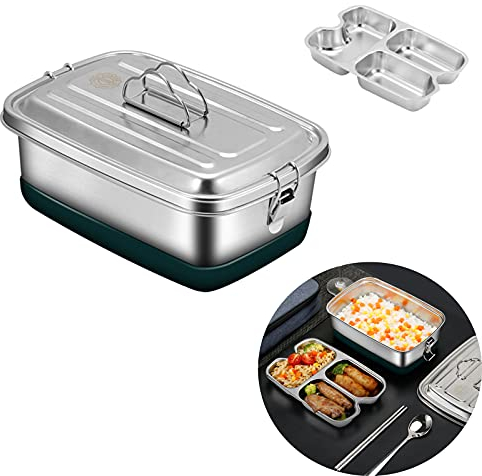 LANTING Lunchbox, Bento-Box, 304, aus Edelstahl, 2000 ml, große Bento-Box, 3 Fächer, Brotdose aus Metall, für Picknick, Schule, Büro, Erwachsene, Mikrowelle.