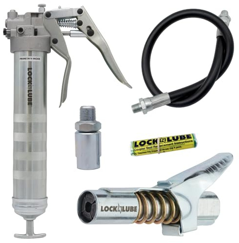 LockNLube Professional Dual-Mode Pistol Grip Grease Gun. Includes LockNLube® Grease Coupler, high-quality 20 hose and in-line hose swivel.