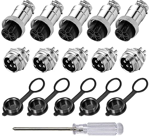 Aiqeer 5 Pièces 5 Broches GX16 Aviation Connecteur, 16 mm Fileté Panneau Métal Aviation Câble Connecteur, 5A Mâle Femelle Aviation Connecteur Fiche Prise Kit, avec Caoutchouc Capuchon
